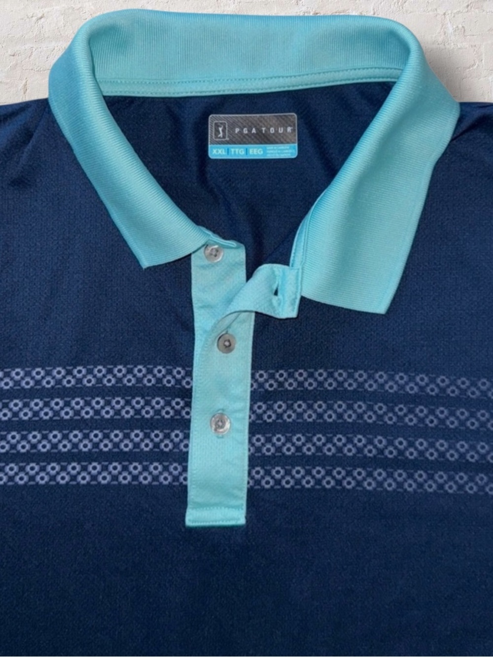 PGA TOUR Men’s XXL Golf Polo Shirt Navy Blue Aqua Trim Performance Short Sleeve